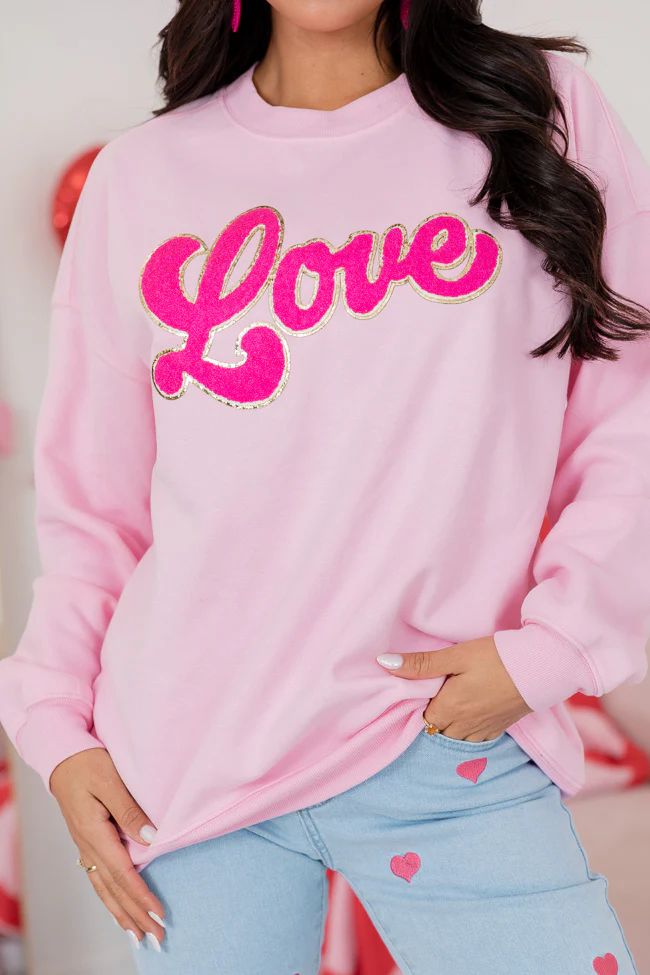 Love Script Chenille Patch Light Pink Oversized Graphic Sweatshirt FINAL SALE | Pink Lily