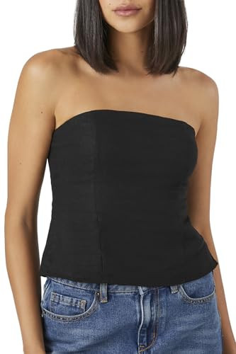 Forever 21 Women's Linen-Blend Smocked Tube Top, Black, Medium | Amazon (US)