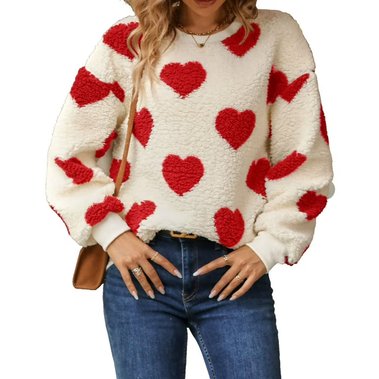 Sweaters for Women Valentine's Day Heart Printed Pullover Sweaters Warm Fuzzy Crewneck Sweaters S... | Walmart (US)