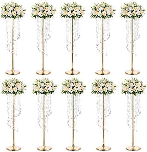 Nuptio Wedding Centerpieces Gold Vases: 10 Pcs 35.4in Tall Crystal Flower Vase Metal Flowers Stand f | Amazon (US)
