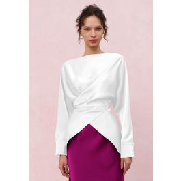 Boat Neck Crisscross Waist Satin Top in White | Chicwish