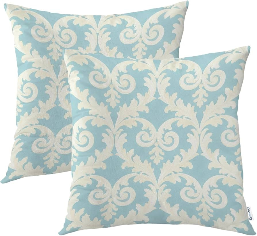 Batmerry Beige Blue Color Outdoor Throw Pillow Covers, Blue Damask in The Style of Damascus Beige... | Amazon (US)