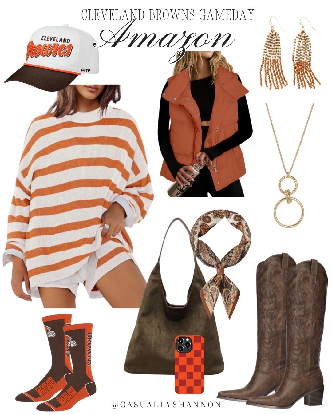 NFL Gameday outfit inspo continues with the Cleveland Browns. What I love most about this series is that so many of these fashion items can also work for college Gameday, like Knoxville would be great for this outfit as well! Just find an NFL team with your fav college colors and mix & match

All amazon fashion finds, women’s jeans, short sleeve layering shirt, square neck, best for fall, perfect fall boots, amazon jewelry, belt, trucker hat, crossbody purse, neutral classic cute and trendy | puffer vest | purse scarf | earrings | matching outfit set | stripes #LTKAmazonFashion