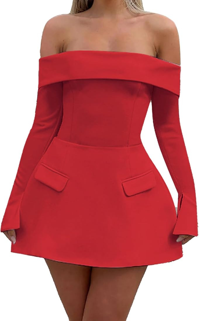 Amazon.com: GUCURIN Women Long Sleeve Off Shoulder Dress Sexy A Line Mini Dress Party Club Short ... | Amazon (US)