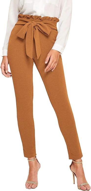 Floerns Women's High Waist Paper Bag Work Pants Stretchy Trouser with Belt | Amazon (US)