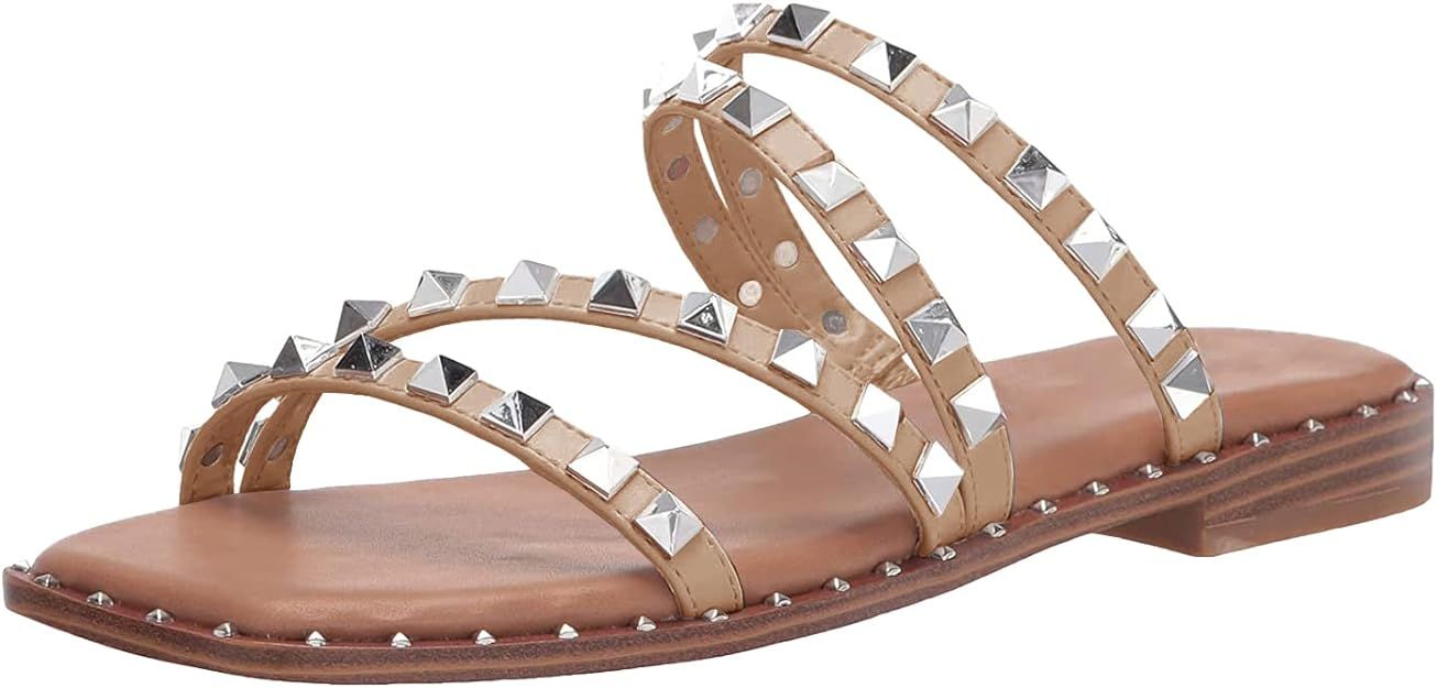 Phopix Womens Studded Slides Sandals Strappy Square Open Toe Rhinestones Flat Sandal | Amazon (US)