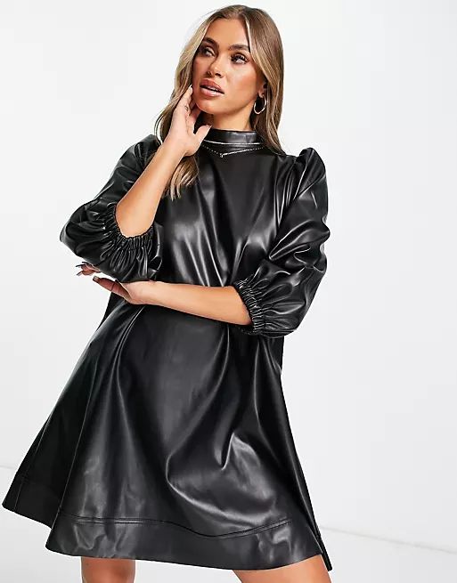 ASOS DESIGN leather look mini swing dress in black | ASOS (Global)