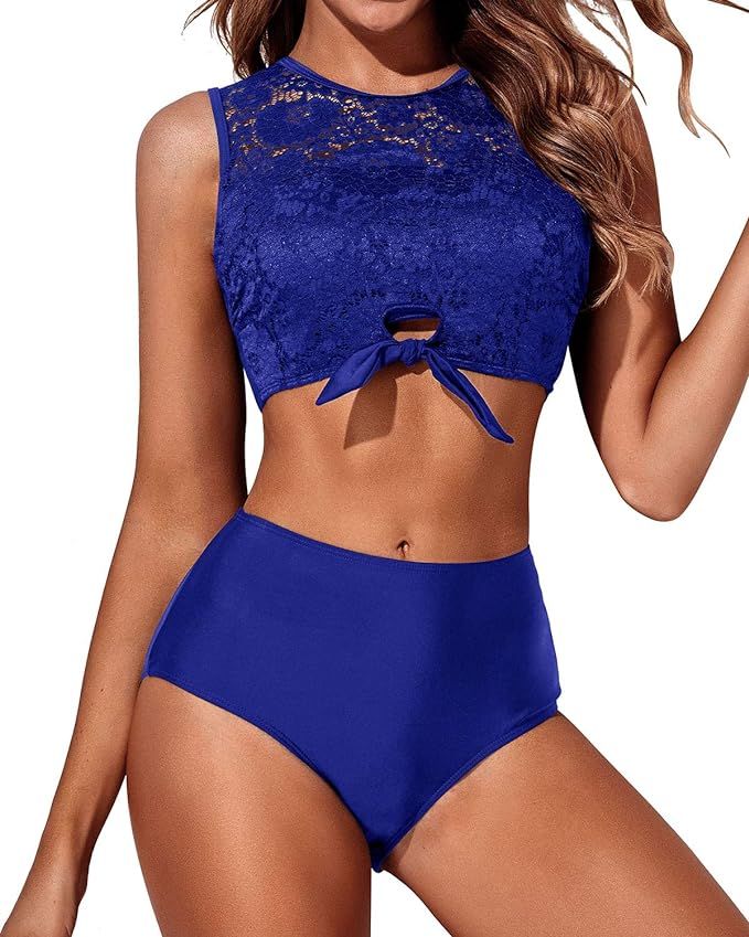 Tempt Me Women Lace Bikini Tie Knot Front High Waisted Swimsuit Padded Two Piece Bathing Suits | Amazon (US)