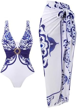 SherryDC One Piece Swimsuit with Cover up Wrap Skirt Sarong Floral Print Plunge V Neck Bathing Su... | Amazon (US)
