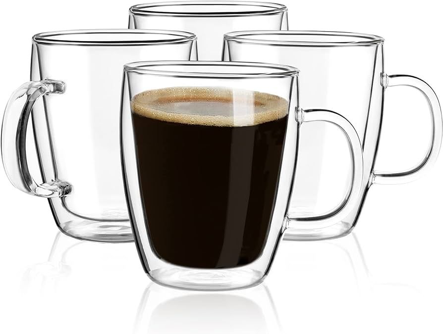 YUNCANG Double Wall Coffee Mugs, (4-Pcak) 16 Ounces-Clear Glass with Handle,lnsulated,Cappuccino,... | Amazon (US)