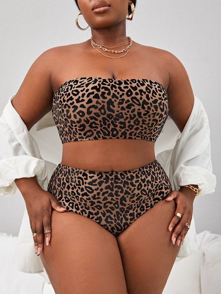Plus Leopard Print Bandeau Bikini Swimsuit | SHEIN