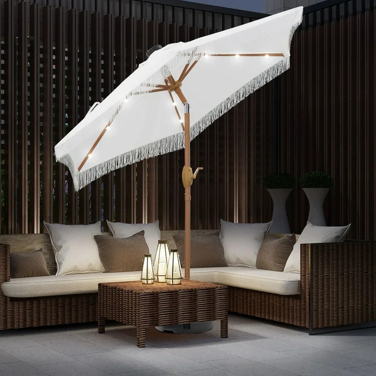 Autlaycil 7.5 ft Fringe Patio Umbrella with 18 LED Lights, Tassels Solar Umbrella, White | Walmart (US)