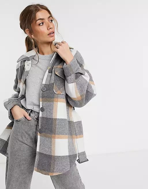 Pieces longline shacket in gray plaid | ASOS (Global)