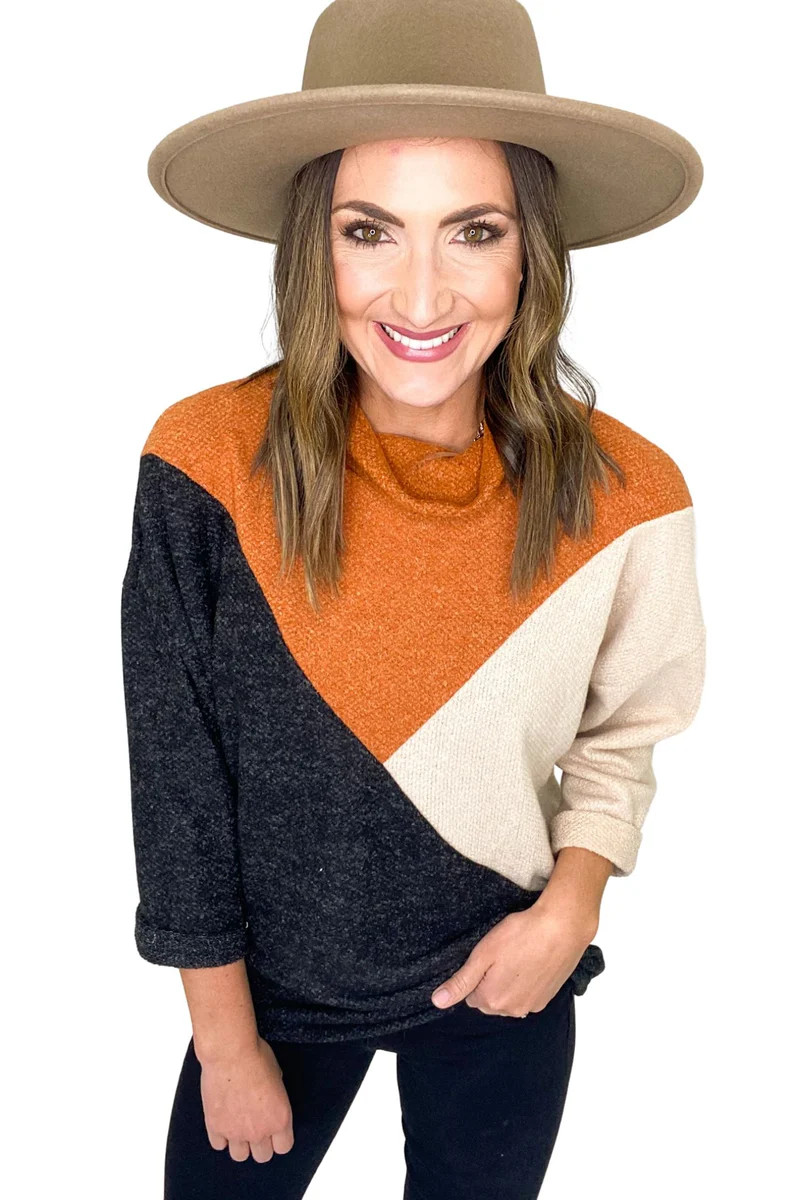 Charcoal Pumpkin and Tan Geometric Color Block Turtleneck Top | Shop Style Your Senses