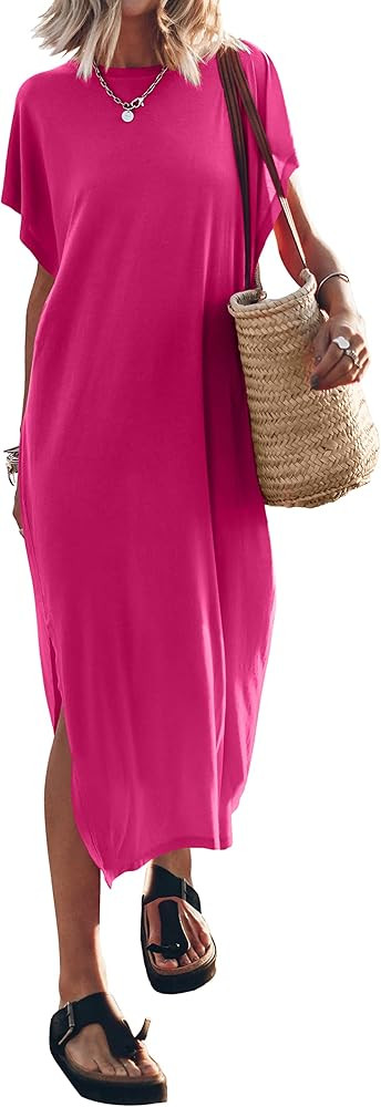 ANRABESS Women's Summer T-Shirt Maxi Dress Batwing Sleeve Crewneck Casual Loose Slit Side Long Be... | Amazon (US)