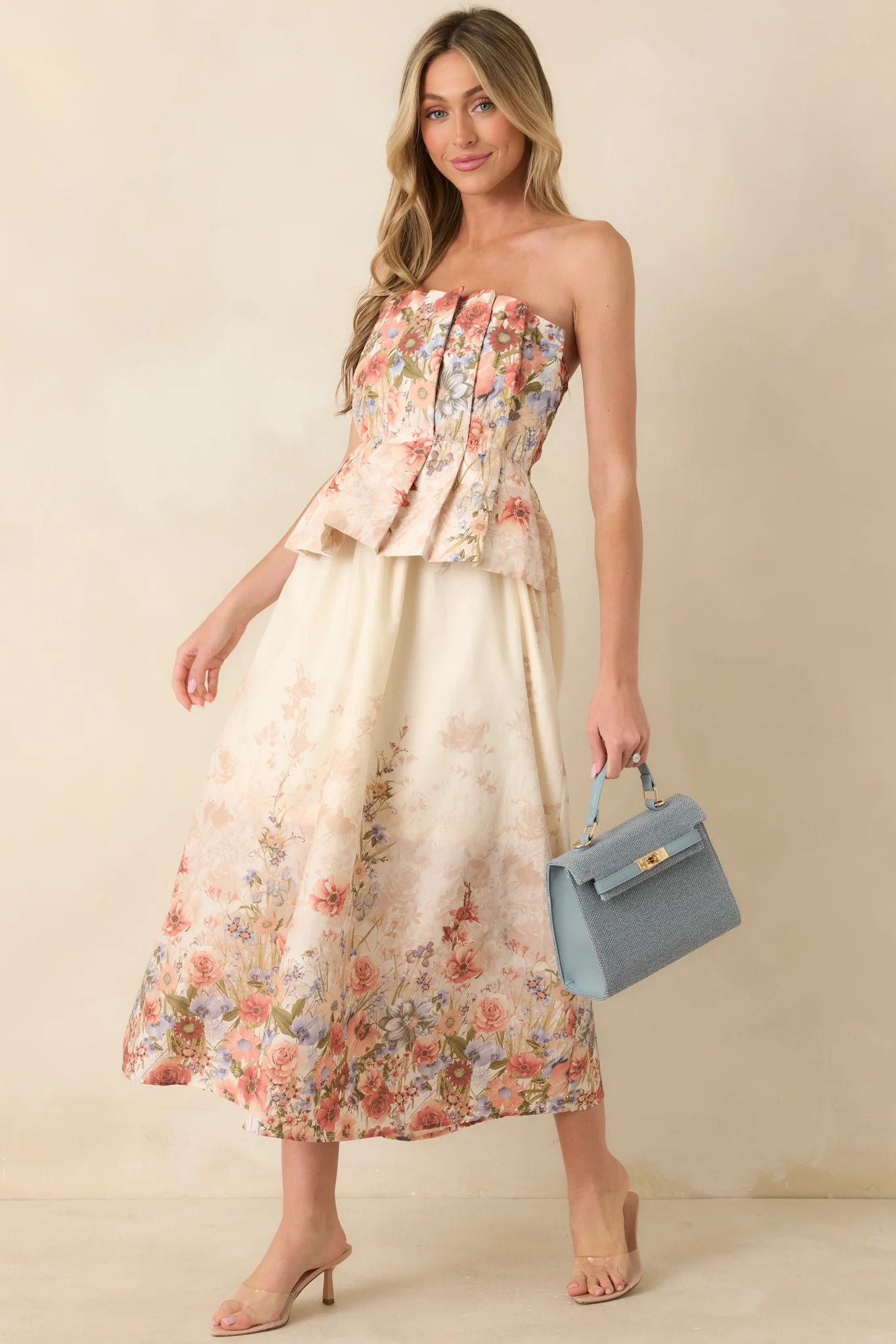 Gathered in Grace Pink Multi Floral Cotton Strapless Midi Dress | Red Dress