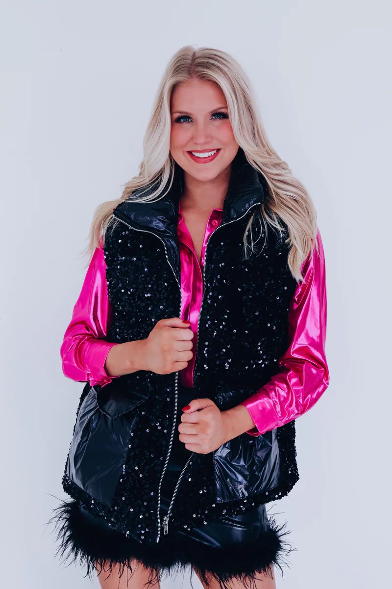 Midnight Shimmer Sequin Puffer Vest - Black | Whiskey Darling Boutique