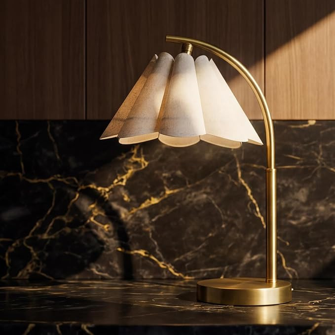 Modern Table Lamp with Petal Oatmeal Linen Fabric Shades, Adjustable Golden Metal Base, E26 Socke... | Amazon (US)