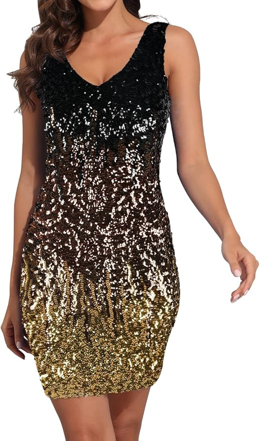 PrettyGuide Women's Sexy Deep V Neck Sequin Glitter Bodycon Stretchy Mini Party Dress | Amazon (US)