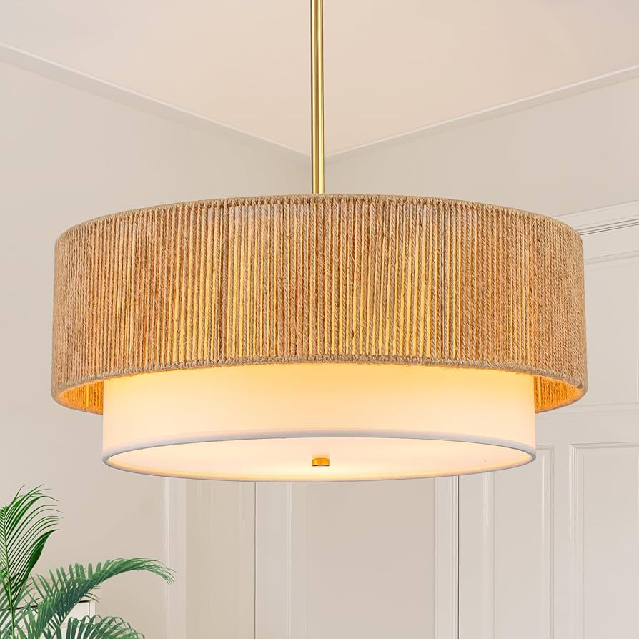 18'' Farmhouse Rattan Chandeliers for Dining Room,3-Light Boho Light Fixtures Rattan Pendant Ligh... | Amazon (US)