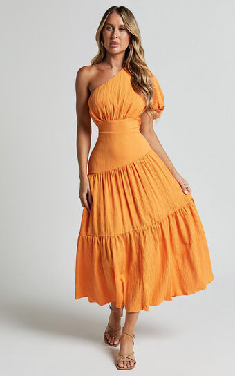 Ciara Midi Dress - One Shoulder Short Puff Sleeve Tiered Dress in Mango | Showpo (ANZ)