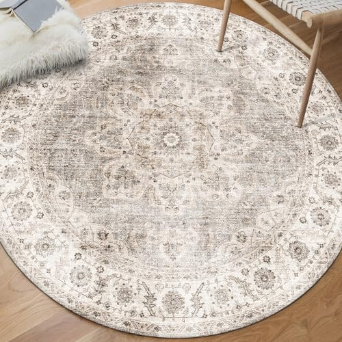 ReaLife Rugs Machine Washable Area Rug - Living Room Bedroom Bathroom Kitchen Entryway Office - Padded Low Pile Stain Resistant Premium - Boho Farmhouse Vintage - Joy - Beige Ivory 4' Round | Amazon (US)