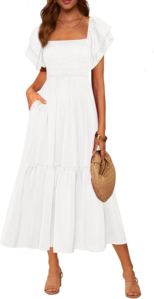 MASCOMODA Womens Summer Casual Midi Dress Square Neck Ruffle Short Sleeve Smocked High Waist A Li... | Amazon (US)