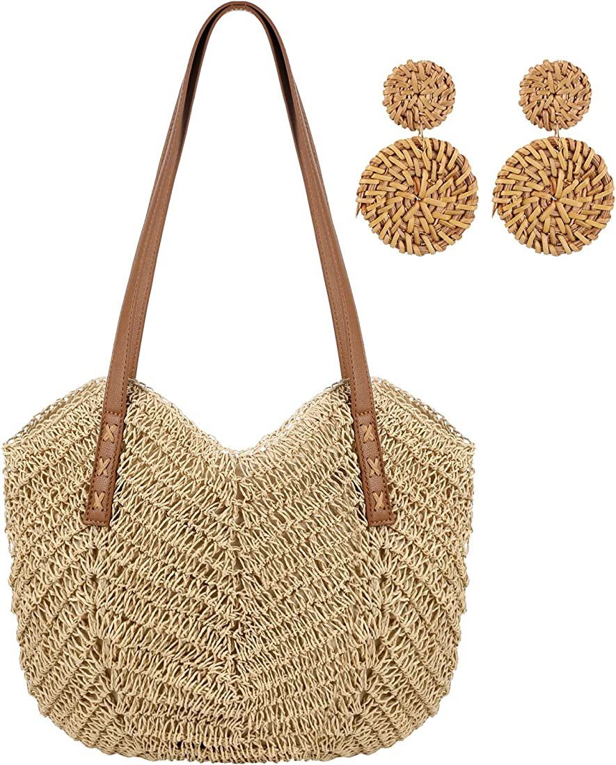 Woanger Large Beach Bag Woven Straw Bag for Women with Rattan Earrings Handmade Straw Tote Women'... | Amazon (US)