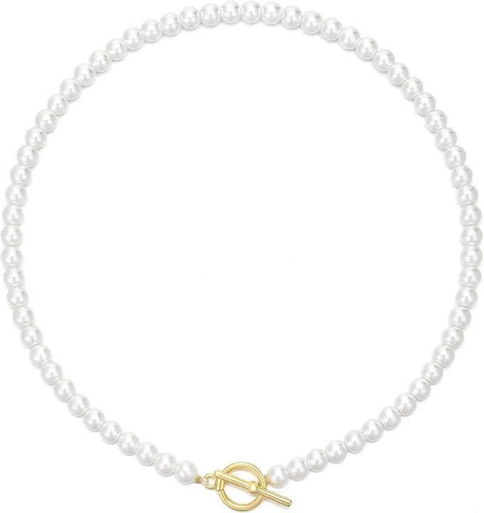 WWBGINF 6mm Pearl Necklace Round White Pearl Choker Dainty Toggle Clasp Handmade 14" 16" 18" Pear... | Amazon (US)