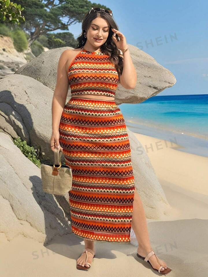 SHEIN Essnce Plus Size Women's Summer Casual Vacation Crochet Colorful Set, Summer Women's Clothe... | SHEIN