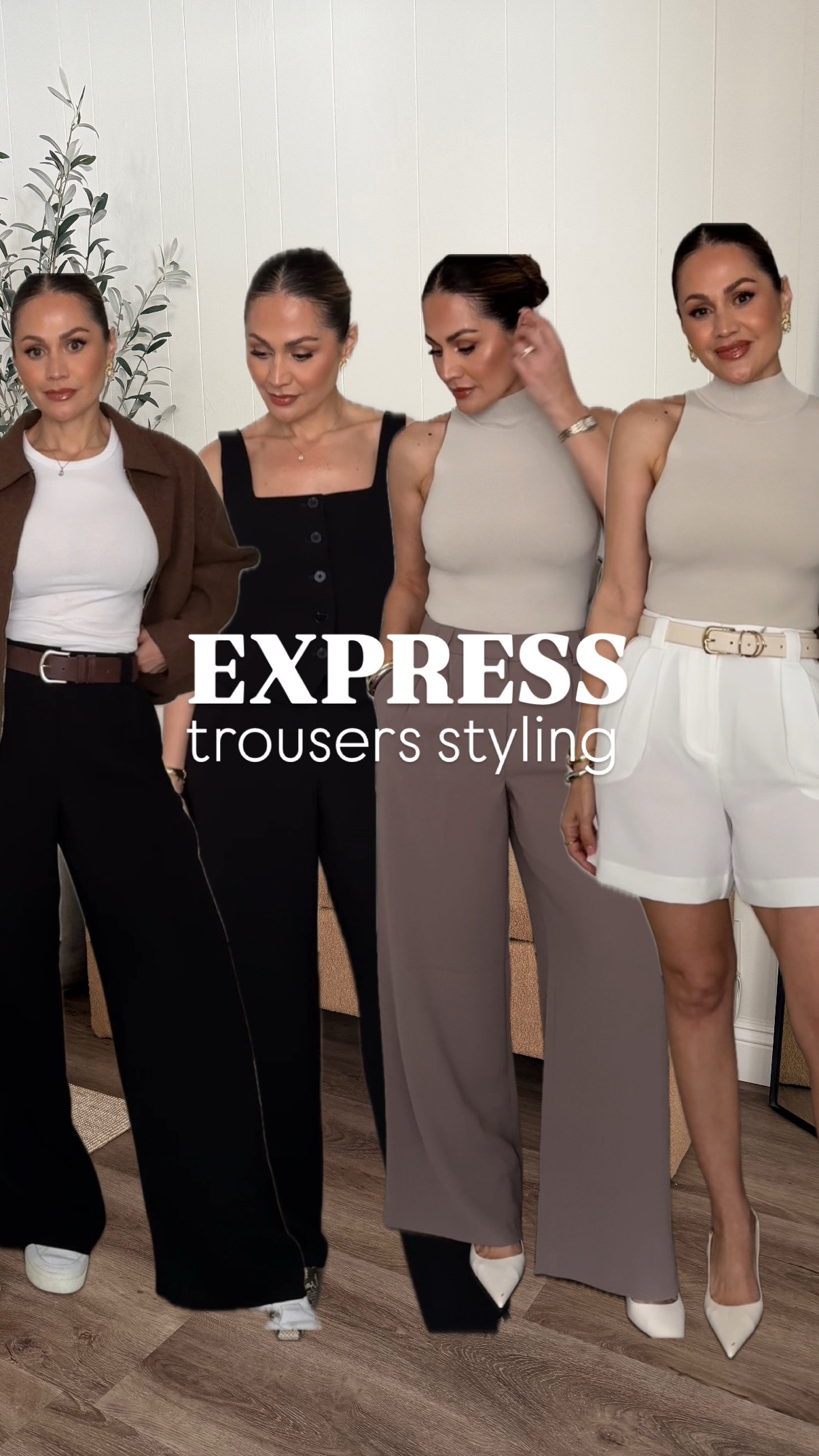 Polished, effortless, and so easy to style. ✨ Which one’s your vibe—pants or shorts? @express #ExpressPartner #dresstoexpress 
Sizing info:
Look 1
Trousers / 2
Ribbed tee / small 
Look 2
Trousers / 2
Blazer vest / small 
Look 3
Trouser / 2
Bodysuit / small 
Look 4
Shirts / 2
Bodysuit / small 
I’m 5’4”/130