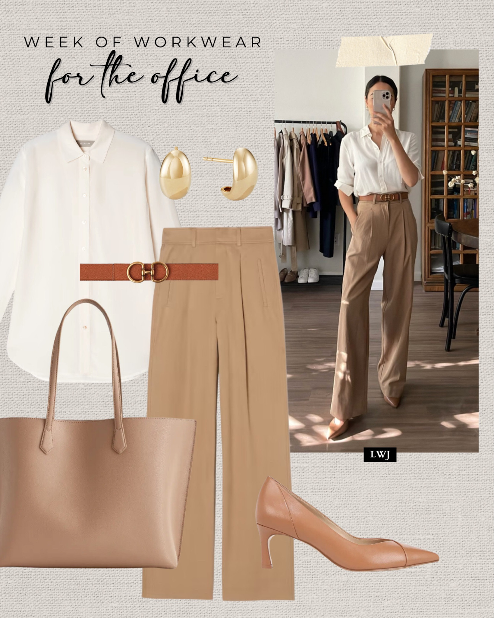 Week of workwear: for the office 

Workwear / office outfit / business professional / white button down / camel trousers / wide leg pants / tote bag / heels / belt / earrings / Nordstrom / everlane 

#LTKWorkwear #LTKSeasonal #LTKStyleTip