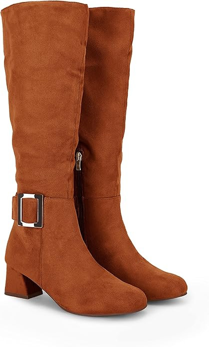 Amazon.com | Women's Faux Suede Knee High Boots Metal Buckle Side Zipper Block Chunky Heel Winter... | Amazon (US)