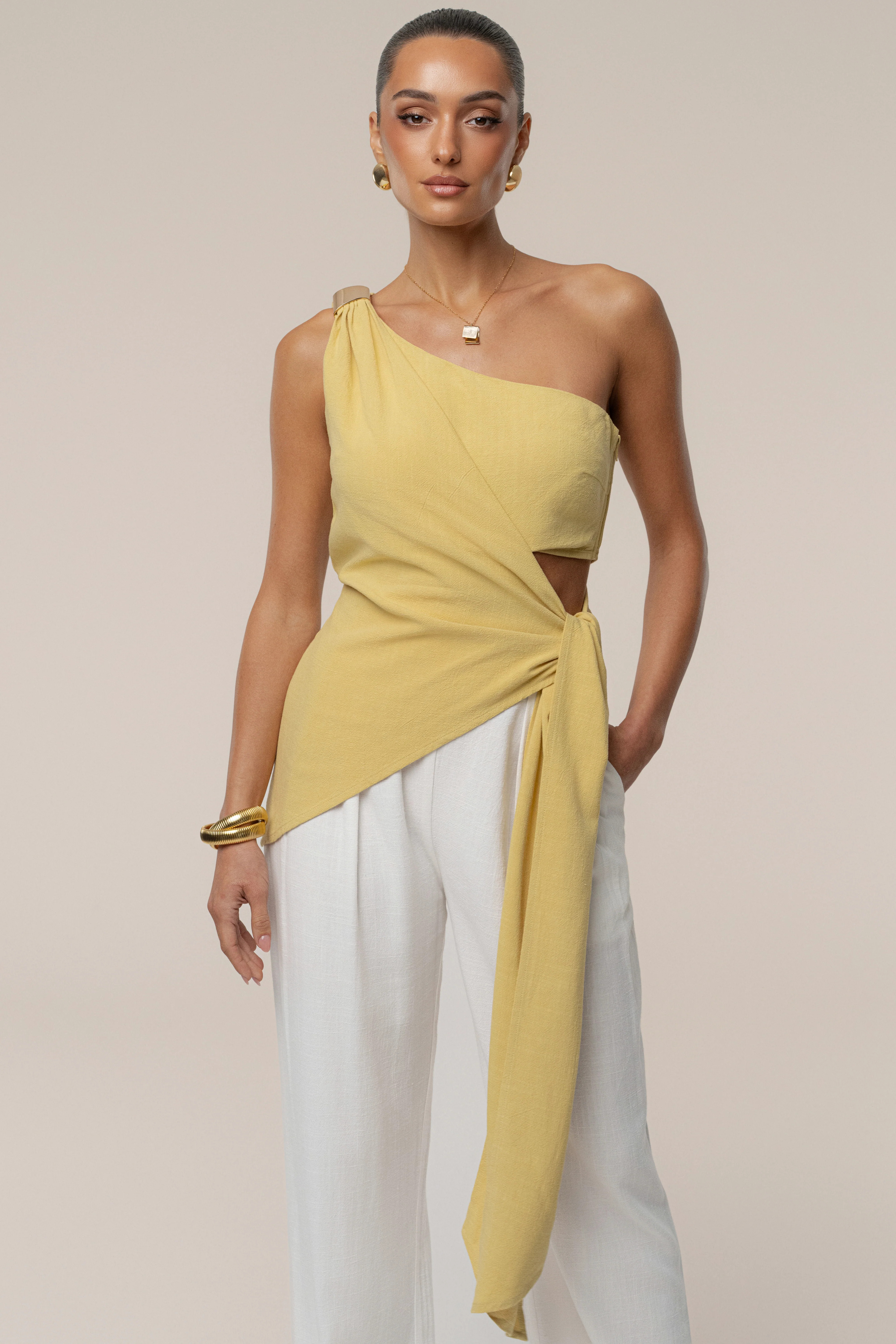 Yellow Palmera One Shoulder Top | JLUXLABEL
