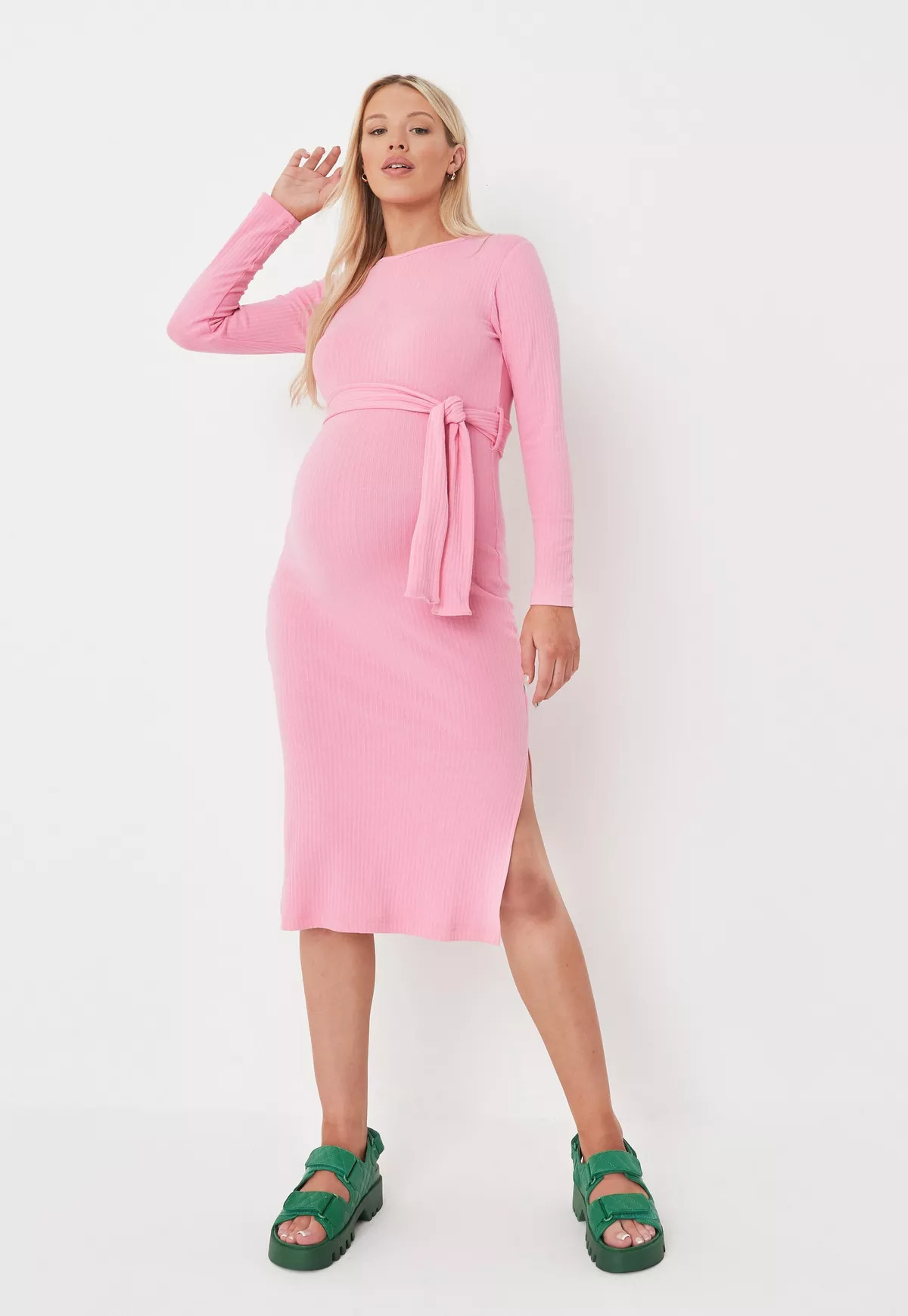 Missguided - Pink Rib Belted Side Split Maternity Midaxi Dress | Missguided (US & CA)