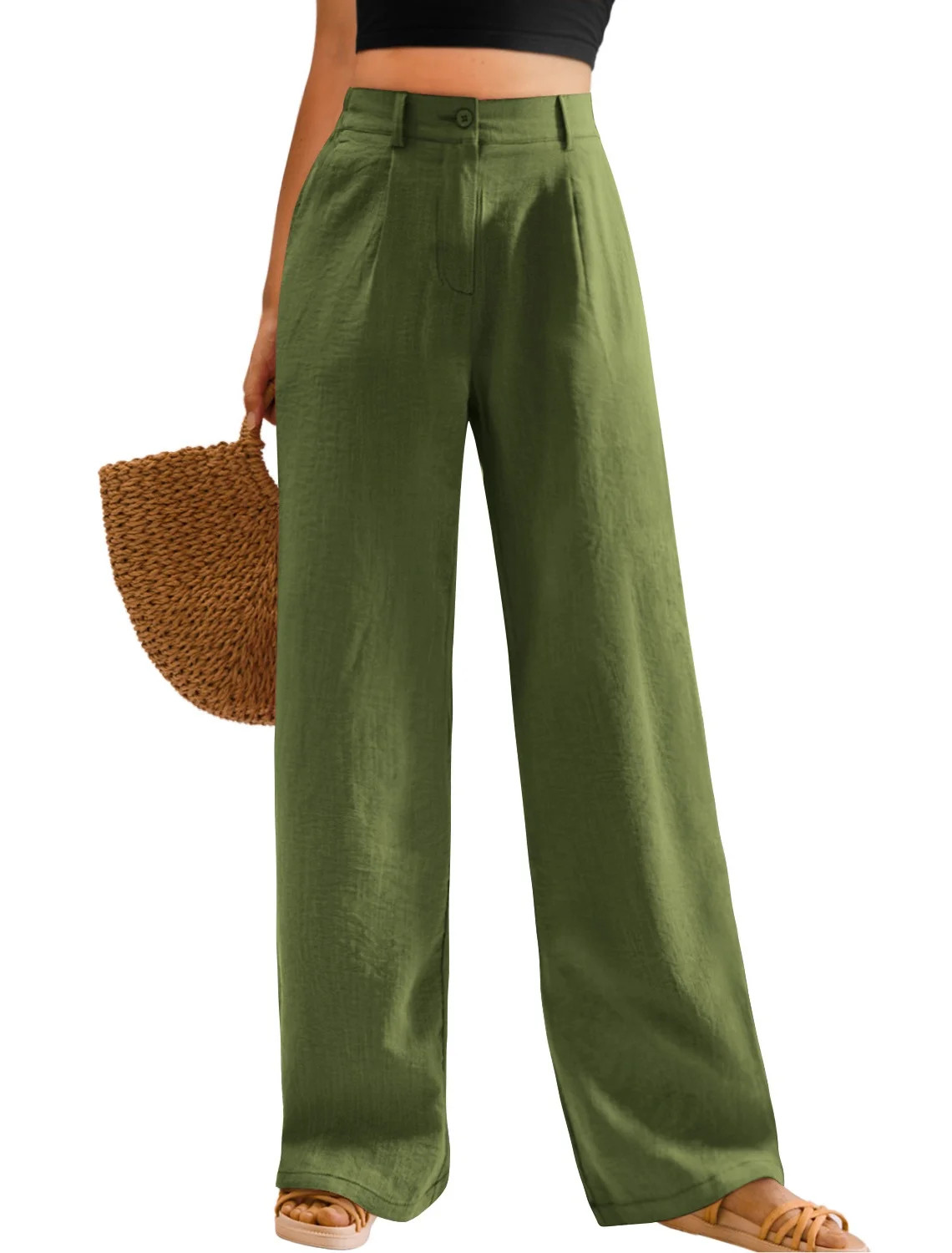 Womens Casual Wide Leg Pants High Waisted Button Down Straight Long Trousers Dresse Pants | Walmart (US)