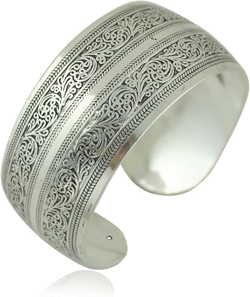 BODYA Tibeten Silver Carved Spiral Flower Connecting Branches Pattern Wide Band Open Cuff Bracele... | Amazon (US)