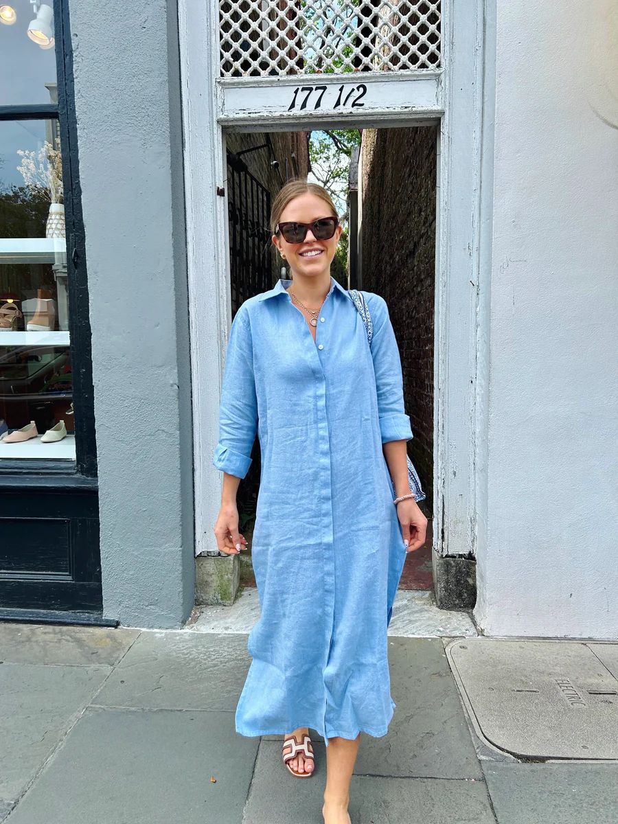 Elizabeth Maxi Dress Sky Blue Linen | Madison Mathews