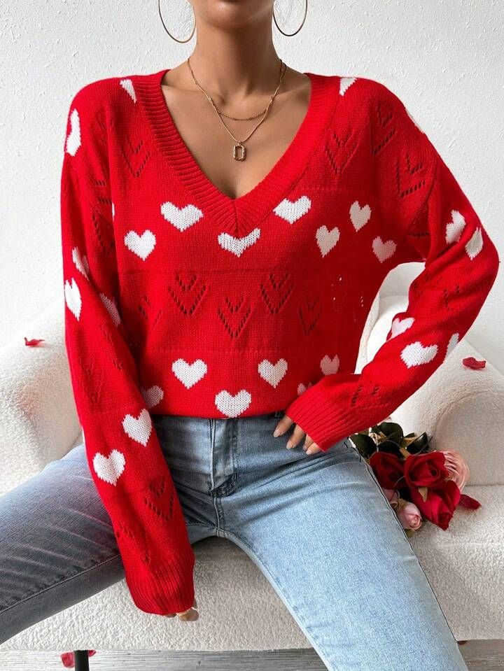 SHEIN Frenchy Heart Pattern V-Neck Long Sleeve Sweater | SHEIN