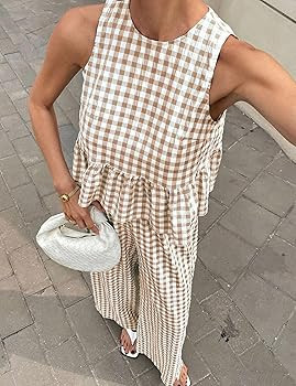Tanming Women's 2 Piece Set Outfits Gingham Plaid Tank Tops Wide Leg Pants Matching Lounge Sets | Amazon (US)