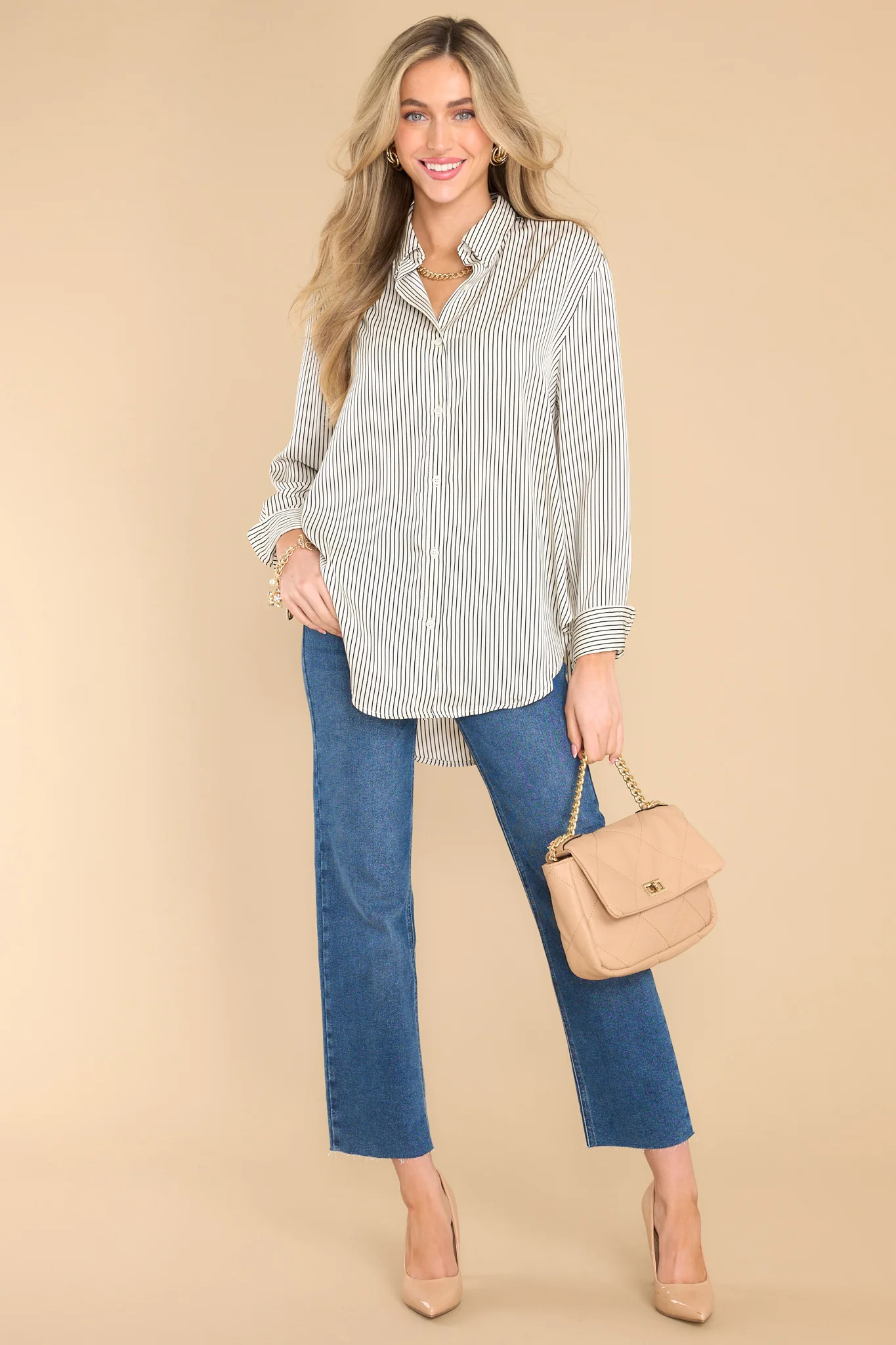 Coming To My Senses White Stripe Top | Red Dress 