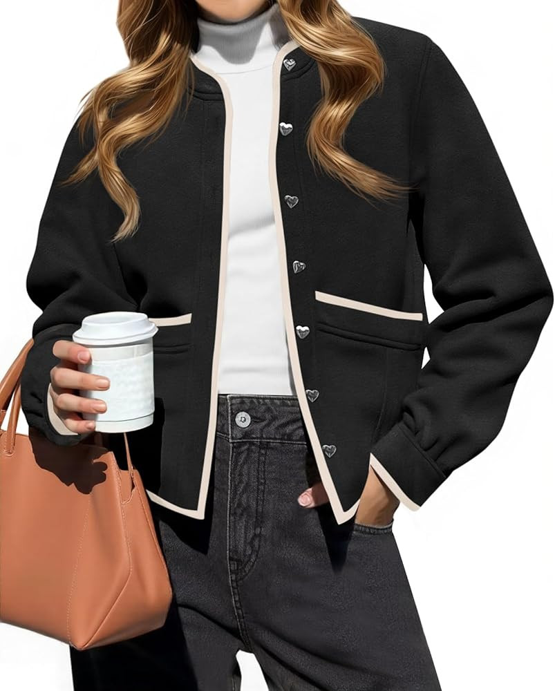 Cicy Bell Womens Button Down Bomber Jackets Puff Sleeve Cropped Pea Coats Casual Fall Color Block... | Amazon (US)