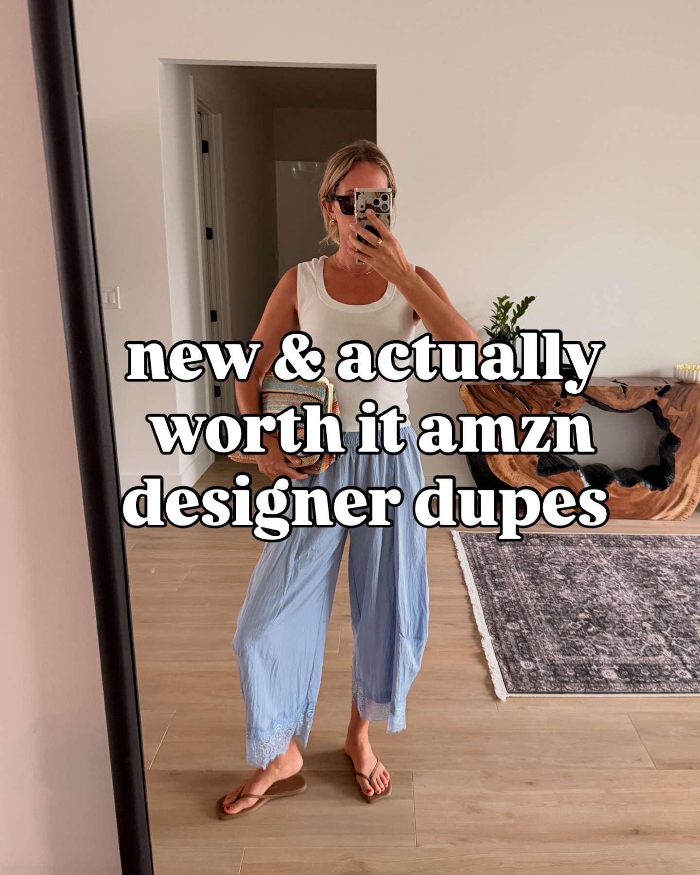 comment SHOP and I’ll send links! NEW designer dupes that are actually worth it, Anthro place pants, aritzia viral lodge pants and the coach kiss lock clutch. Summer outfit essentials
