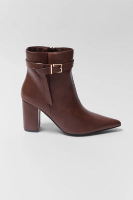 Brown Pointed Toe Buckle Ankle Boots | Avara