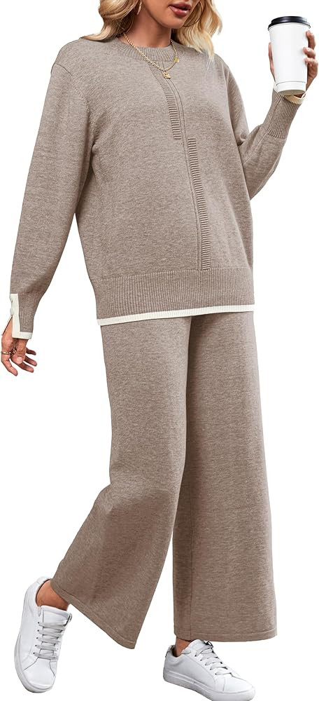 SuperPrity Lounge Sets for Women Fall Fashion 2024 Two Piece Outfits Long Sleeve Knit Top Wide Le... | Amazon (US)