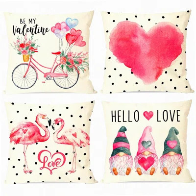 Love Heart Flamingo Flower Pillow Covers Set - Valentines Day Decor - Pink Bicycle Gnome Throw Pillows Cases - Valentines Day Decorations | Wayfair North America