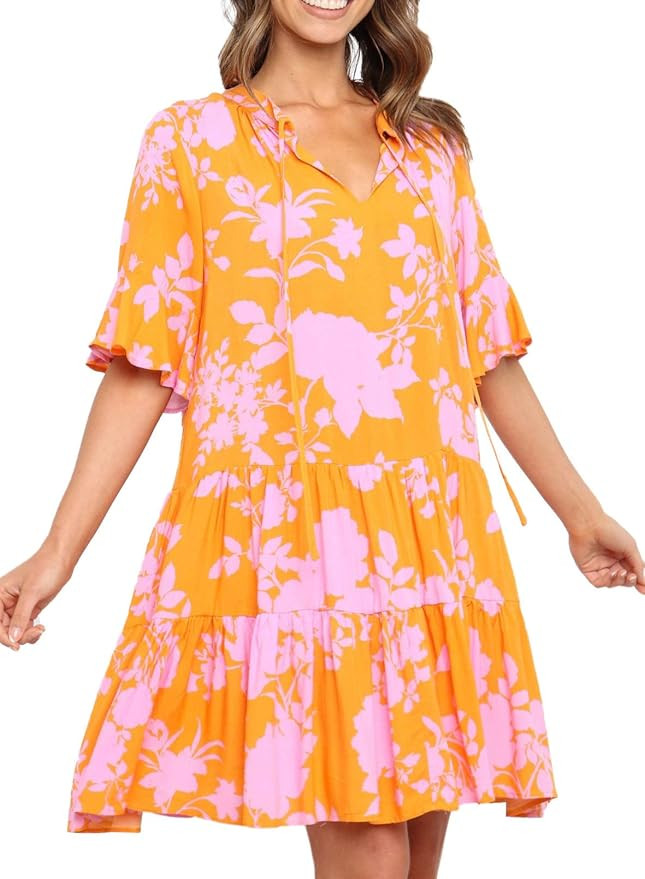 Eytino Women Summer Tunic Dress V Neck Long Sleeve Casual Loose Flowy Swing Shift Dress(S-XL) | Amazon (US)