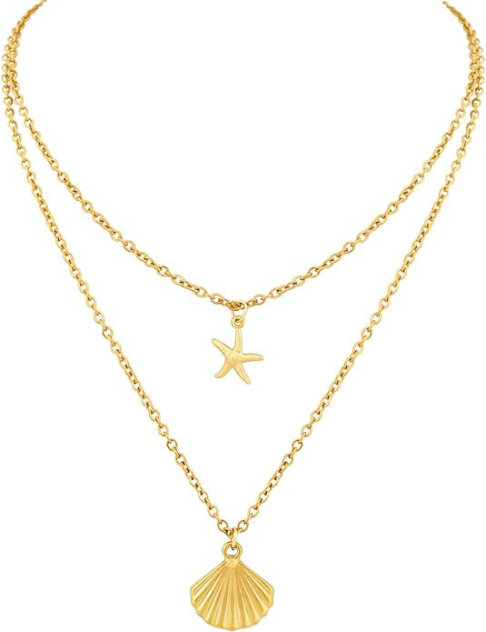 Sacina Gold-tone Layered Starfish Seashell Pendant Summer Necklace, Beach Charm Necklace, Christm... | Amazon (US)