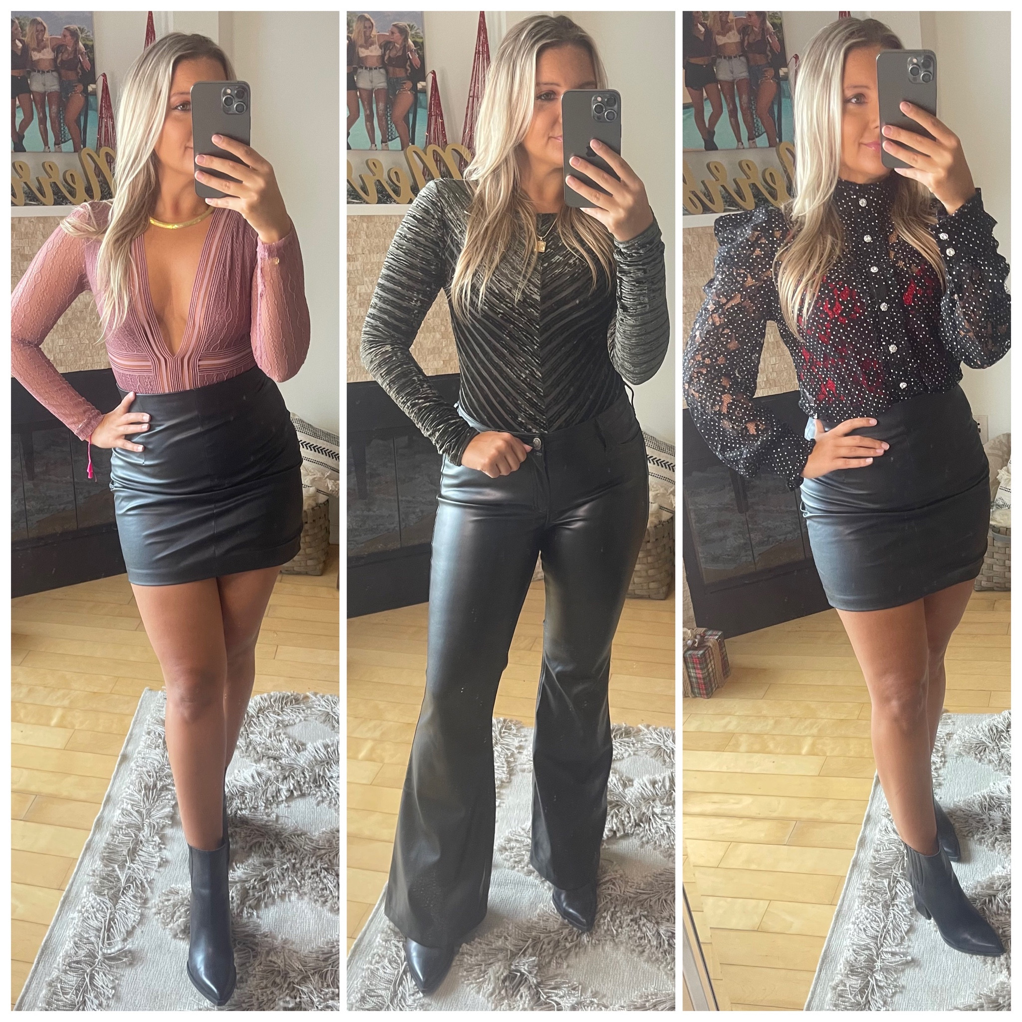 Winter looks 
Tops size small 
(Pink open back bodysuit - material has little to no stretch) 
Black vegan leather flare  pants true to size with some stretch 


#LTKSeasonal #LTKstyletip #LTKHoliday