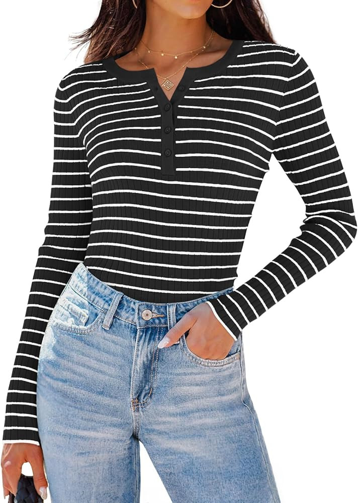 ZESICA Womens Long Sleeve Striped Shirts V Neck Button Up Sweater Casual Loose Basic Tops 2024 Tr... | Amazon (US)